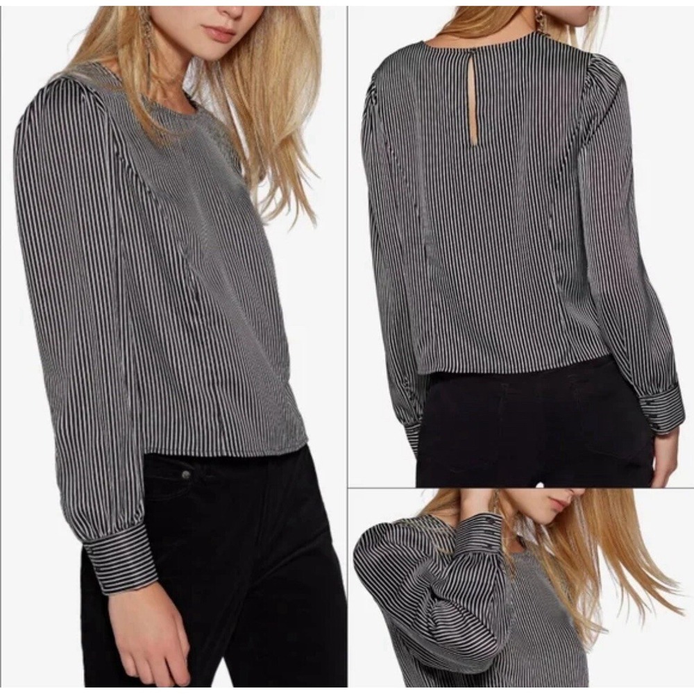 Anthropologie Avec Les Filles Black White Stripe Puff Sleeve Silky Crop Blouse S